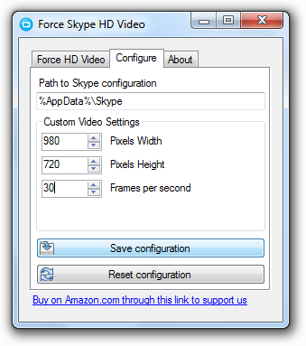 DOWNLOAD Force Skype HD Video for Windows - Screenshot Configure