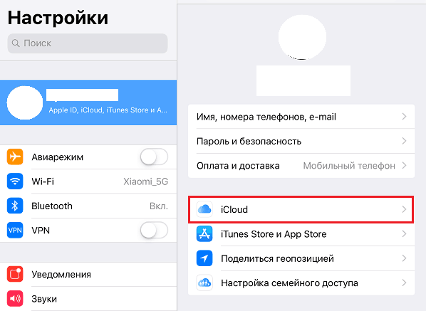 Настройки Apple ID, iCloud, iTunes Store.