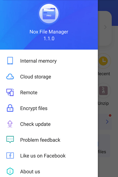 Главное меню Nox File Manager 2019.